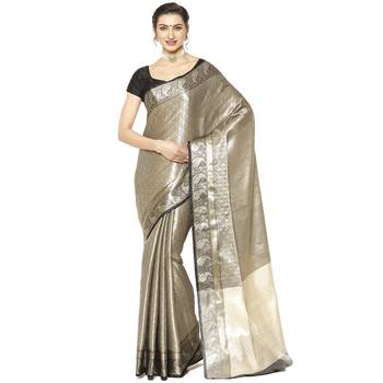Black woven kanchipuram silk blend saree with blouse 1