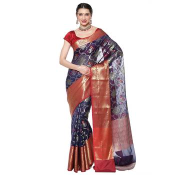 Blue woven kanchipuram silk saree with blouse 1