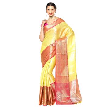 Beige woven kanchipuram silk saree with blouse 1