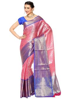 Pink woven Faux kanchipuram silk saree with blouse
