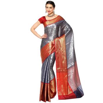 Blue woven Faux kanchipuram silk saree with blouse 1