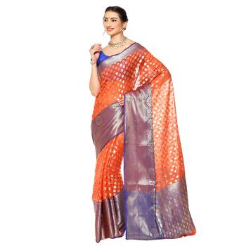 Orange woven Faux kanchipuram silk saree with blouse 1