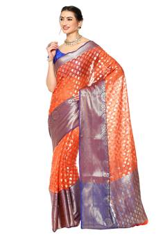 Orange woven Faux kanchipuram silk saree with blouse