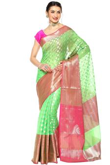 Green woven Faux kanchipuram silk saree with blouse