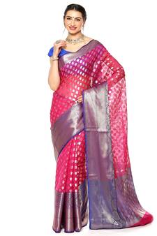 Pink woven Faux kanchipuram silk saree with blouse