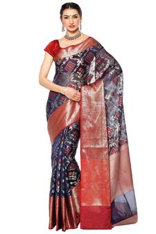 Blue woven Faux kanchipuram silk saree with blouse
