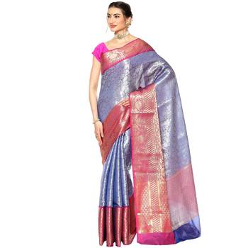 Blue woven Faux kanchipuram silk saree with blouse 1