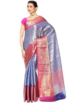 Blue woven Faux kanchipuram silk saree with blouse