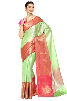 Green woven Faux kanchipuram silk saree with blouse