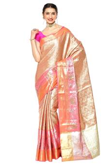 Brown woven Faux kanchipuram silk saree with blouse