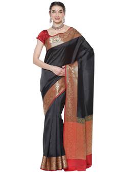 Black woven Faux kanchipuram silk saree with blouse