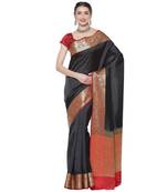 Black woven Faux kanchipuram silk saree with blouse
