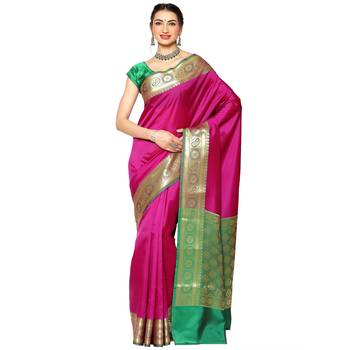 Pink woven Faux kanchipuram silk saree with blouse 1