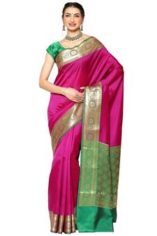 Pink woven Faux kanchipuram silk saree with blouse