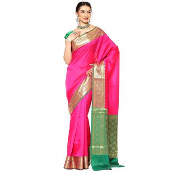 Pink woven Faux kanchipuram silk saree with blouse 1