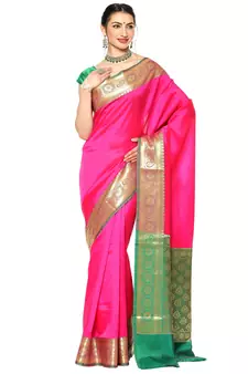 Pink woven Faux kanchipuram silk saree with blouse