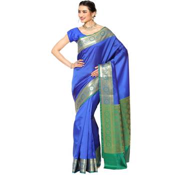 Blue woven kanchipuram silk saree with blouse 1