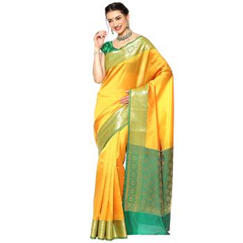 Yellow woven Faux kanchipuram silk saree with blouse 1