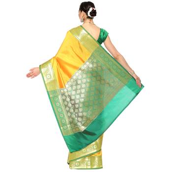Yellow woven Faux kanchipuram silk saree with blouse 2