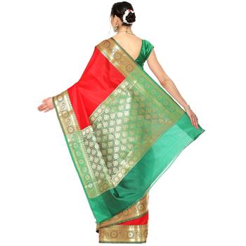 Red woven kanchipuram silk blend saree with blouse 2
