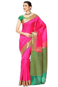 Pink woven Faux kanchipuram silk saree with blouse