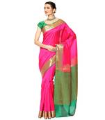 Pink woven Faux kanchipuram silk saree with blouse