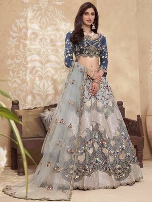 Blue thread embroidery silk semi stitched lehenga 1