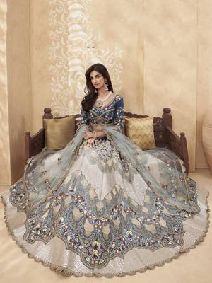 Blue thread embroidery silk semi stitched lehenga 2