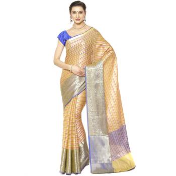 Beige woven Faux kanchipuram silk saree with blouse 1