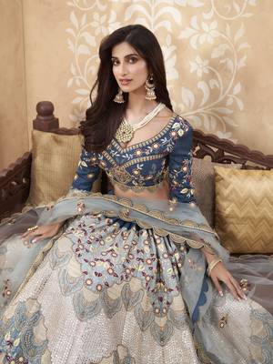 Blue thread embroidery silk semi stitched lehenga 3