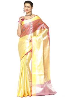 Beige woven Faux kanchipuram silk saree with blouse