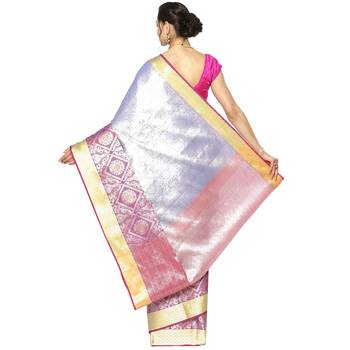 Beige woven Faux kanchipuram silk saree with blouse 2