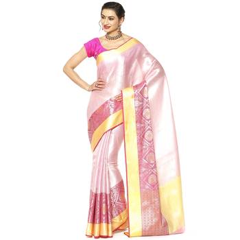 Pink woven Faux kanchipuram silk saree with blouse 1