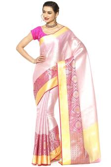 Pink woven Faux kanchipuram silk saree with blouse