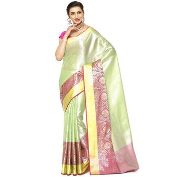 Green woven Faux kanchipuram silk saree with blouse 1