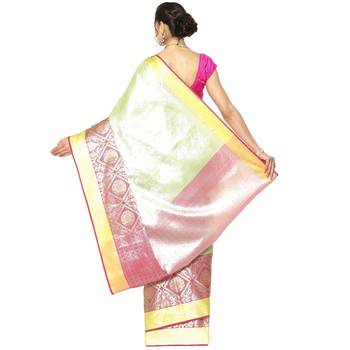 Green woven Faux kanchipuram silk saree with blouse 2