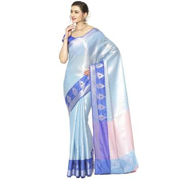 Blue woven Faux kanchipuram silk saree with blouse 1