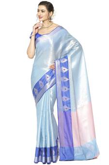Blue woven Faux kanchipuram silk saree with blouse