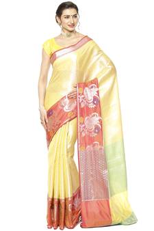 Beige woven Faux kanchipuram silk saree with blouse