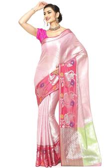 Pink woven Faux kanchipuram silk saree with blouse