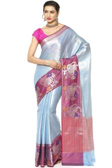 Blue woven Faux kanchipuram silk saree with blouse