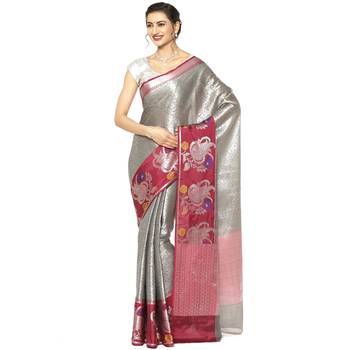 Grey woven Faux kanchipuram silk saree with blouse 1