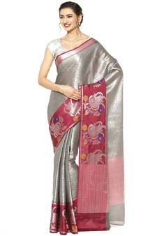 Grey woven Faux kanchipuram silk saree with blouse