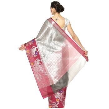 Grey woven Faux kanchipuram silk saree with blouse 2