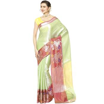 Green woven Faux kanchipuram silk saree with blouse 1