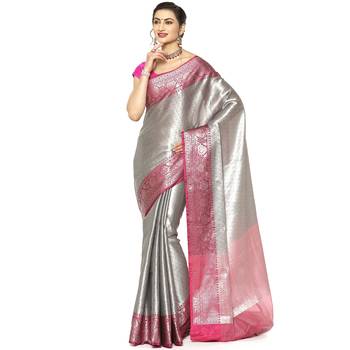 Pink woven kanchipuram silk saree with blouse 1