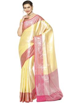 Beige woven kanchipuram silk saree with blouse