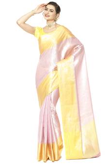 Pink woven Faux kanchipuram silk saree with blouse