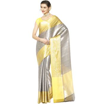 Grey woven Faux kanchipuram silk saree with blouse 1