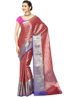 Red woven Faux kanchipuram silk saree with blouse